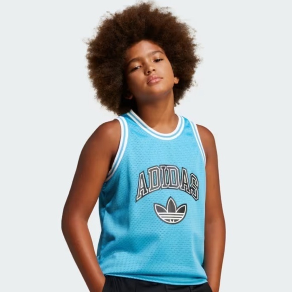 NWT adidas Boys' Originals Baby Blue / White Mesh Tank Top Med Sleeveless Jersey